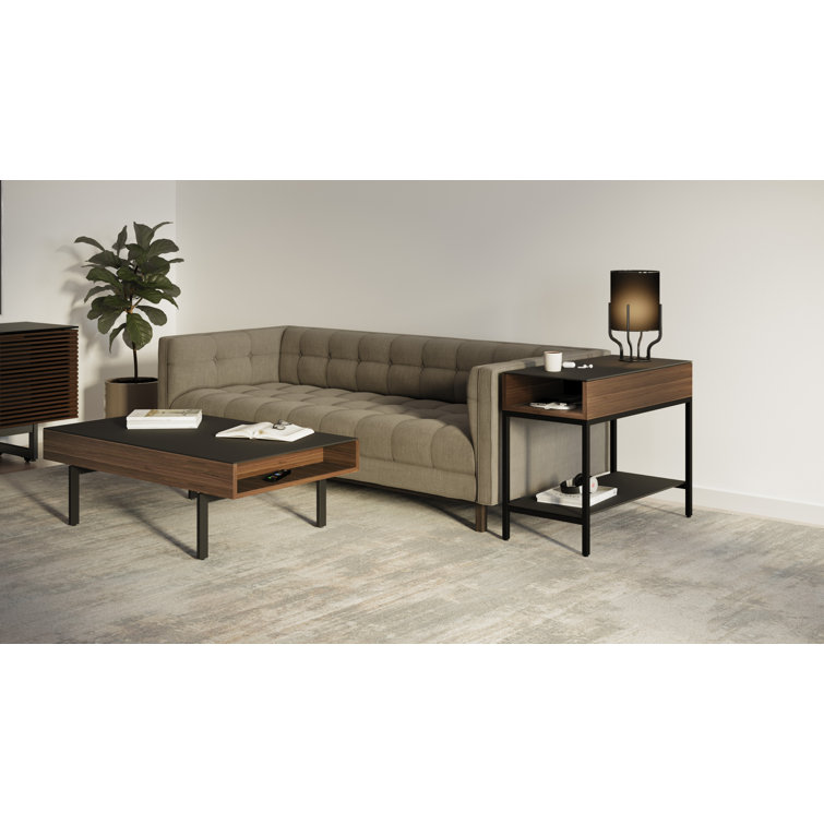 Natural Walnut and Black Glass End Table with Storage