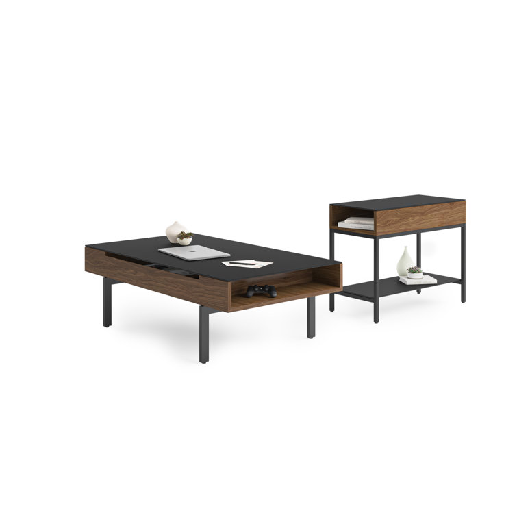 Natural Walnut and Black Glass End Table with Storage