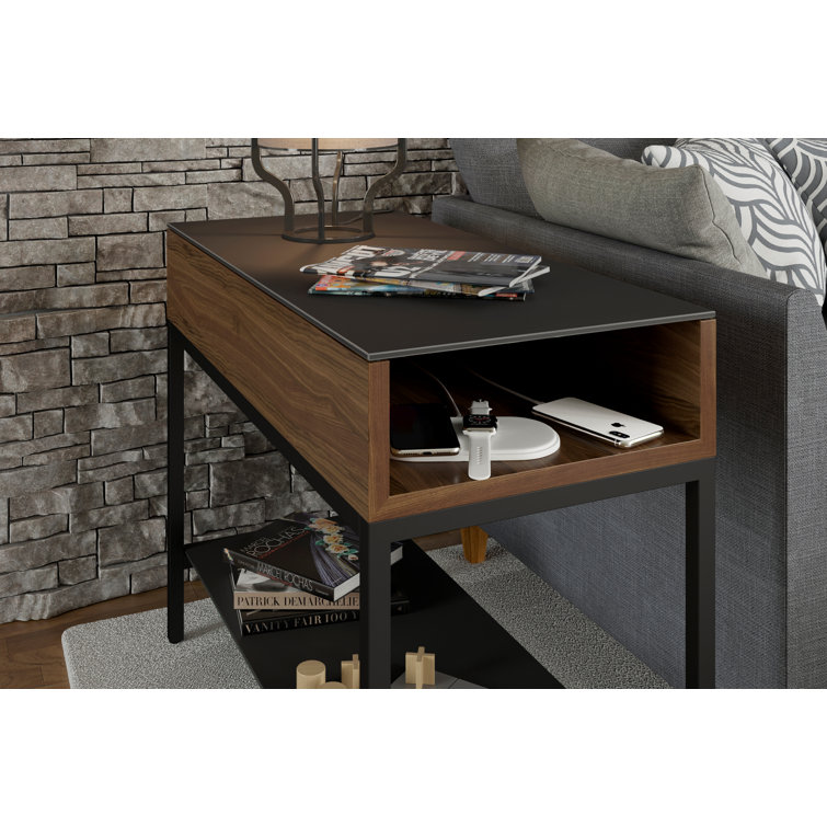 Natural Walnut and Black Glass End Table with Storage