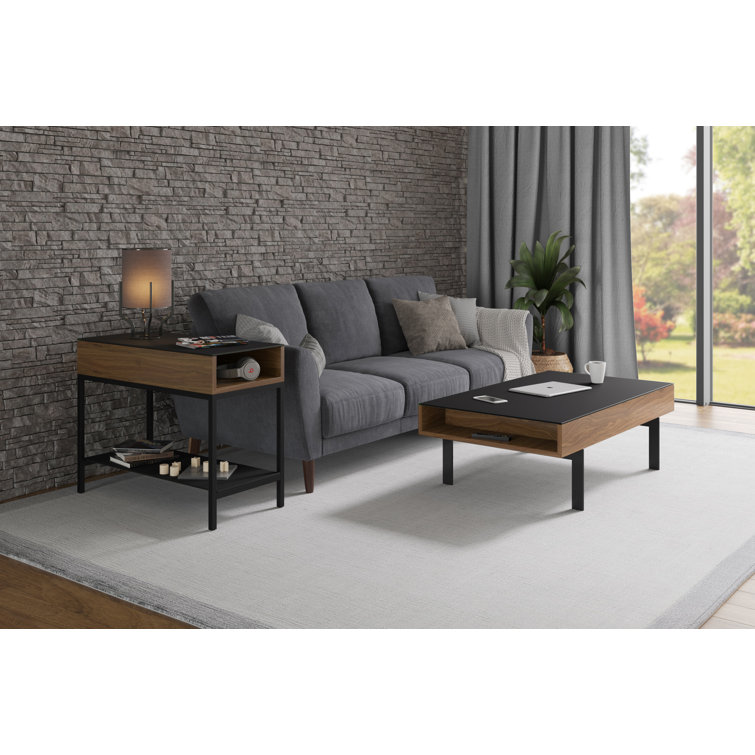 Natural Walnut and Black Glass End Table with Storage