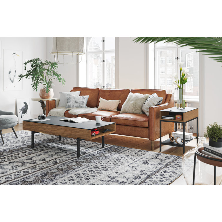 Natural Walnut and Black Glass End Table with Storage
