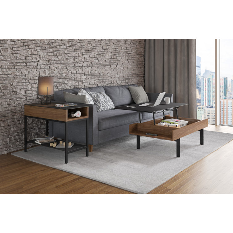 Natural Walnut and Black Glass End Table with Storage