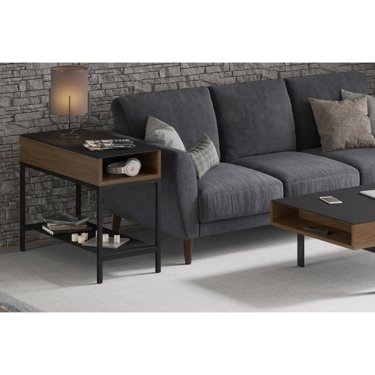 Natural Walnut and Black Glass End Table with Storage
