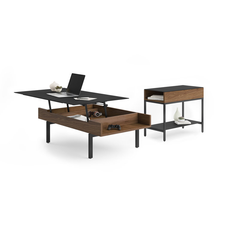 Natural Walnut and Black Glass End Table with Storage