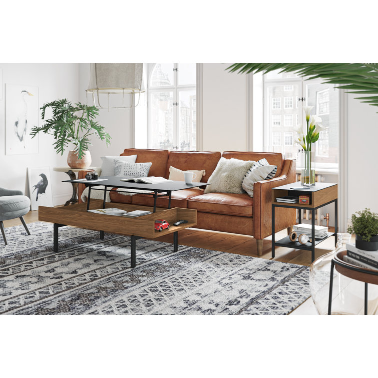 Natural Walnut and Black Glass End Table with Storage