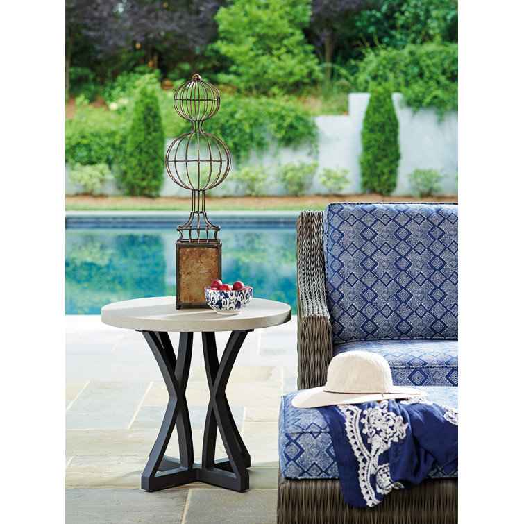 Gray Cream Round Transitional Side Table with Aluminum Base
