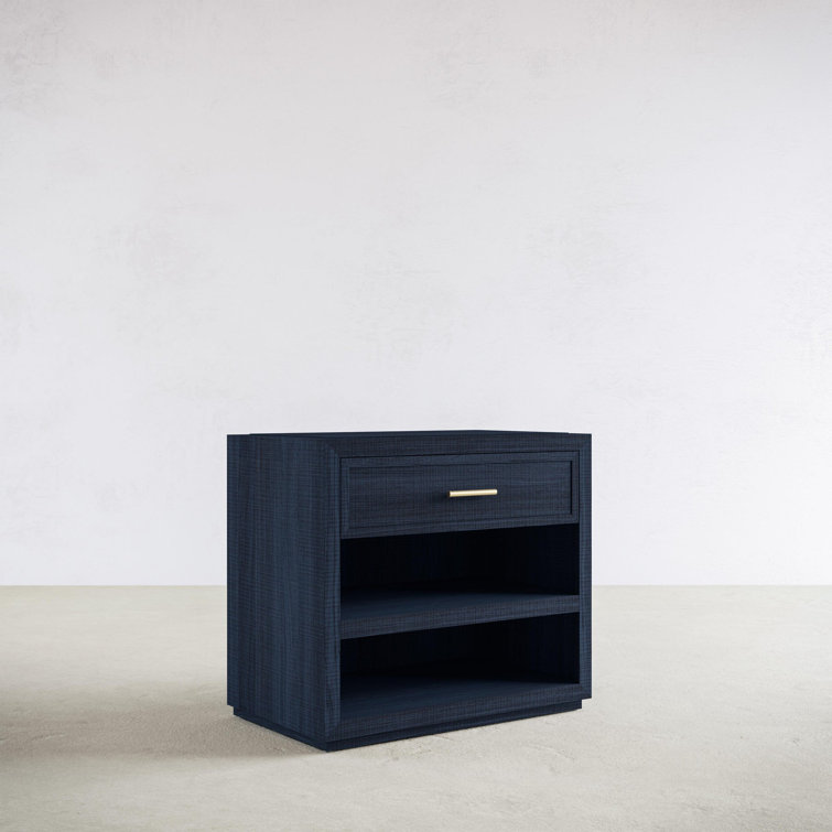 Denim and Matte Brass 1-Drawer Nightstand with Open Shelves