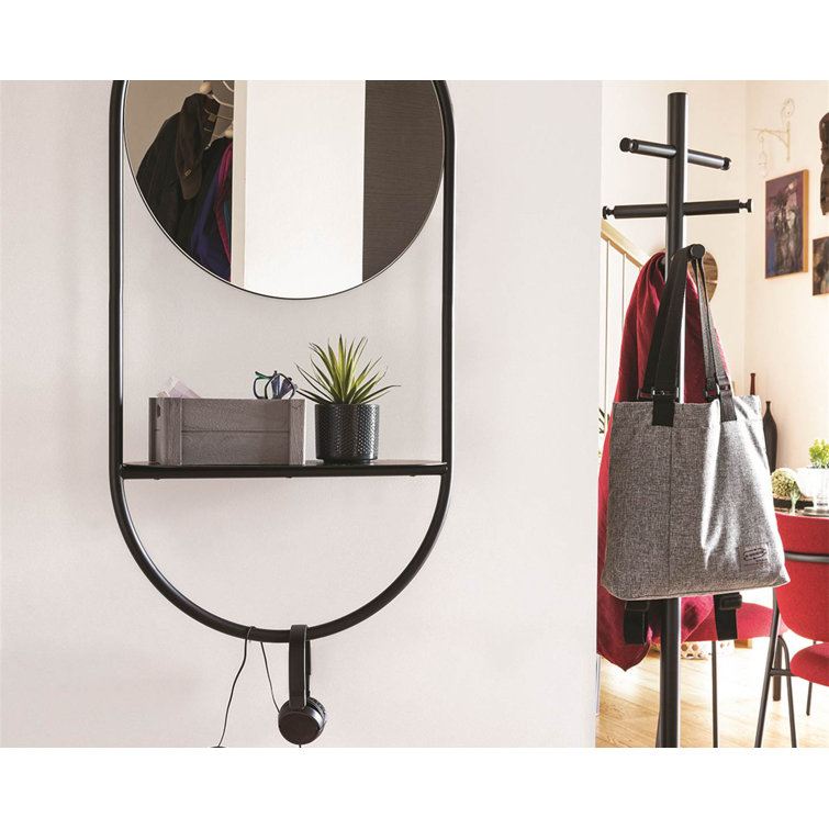 Modern Round Wall-Mounted Mirror with Metal Frame and Storage Shelves