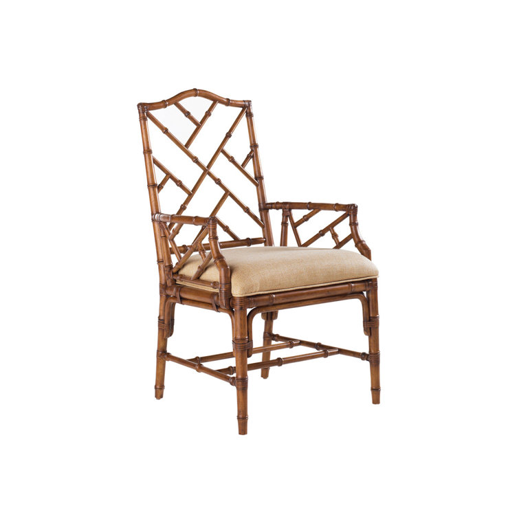 Beige Leather Wrapped Bamboo Arm Chair with Geometric Design