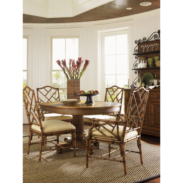 Beige Leather Wrapped Bamboo Arm Chair with Geometric Design
