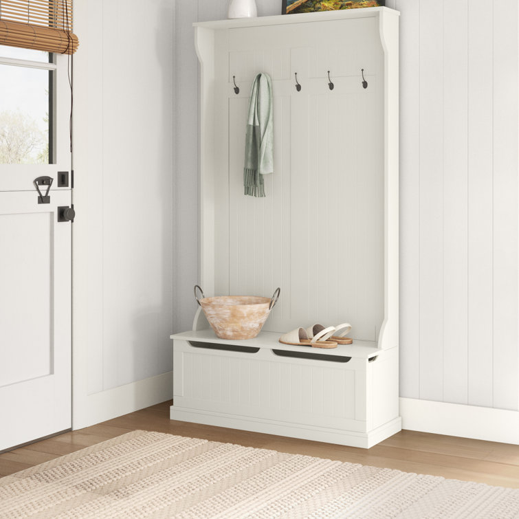 Bright White MDF Hall Tree with Storage Bench and Coat Hooks