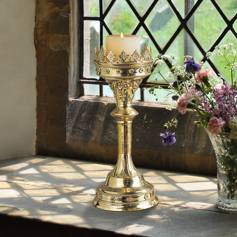 Regal Crown Brass Candlestick with Beaded Edges and Fretwork - 20"x12"