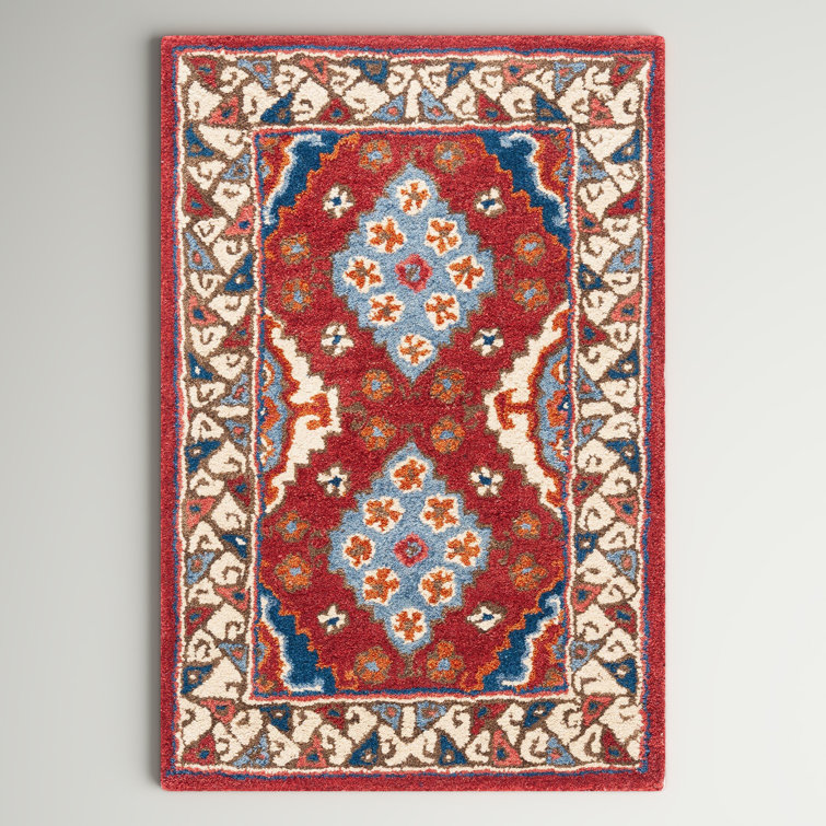 Antiquity Hand-Tufted Red and Blue Wool Area Rug 2' x 3'