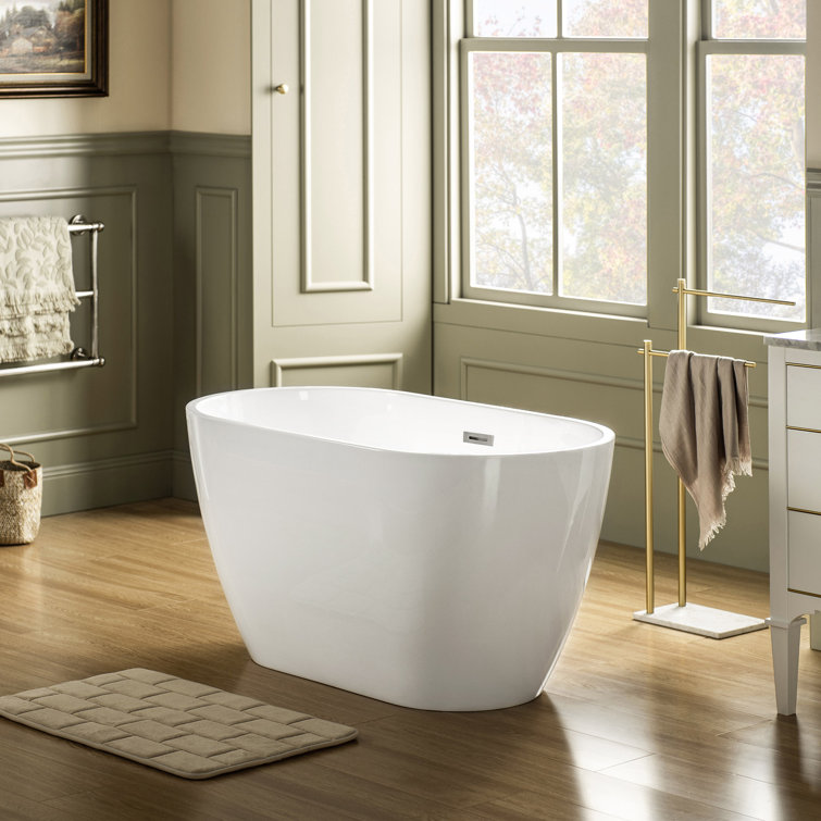 48'' White Acrylic Freestanding Soaking Bathtub with Brushed Nickel Trim