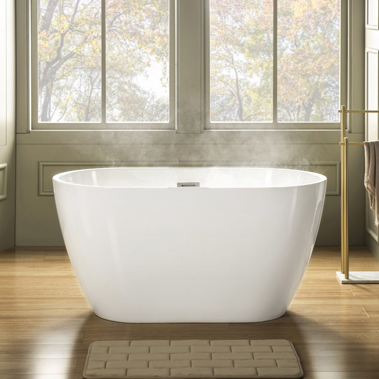 48'' White Acrylic Freestanding Soaking Bathtub with Brushed Nickel Trim