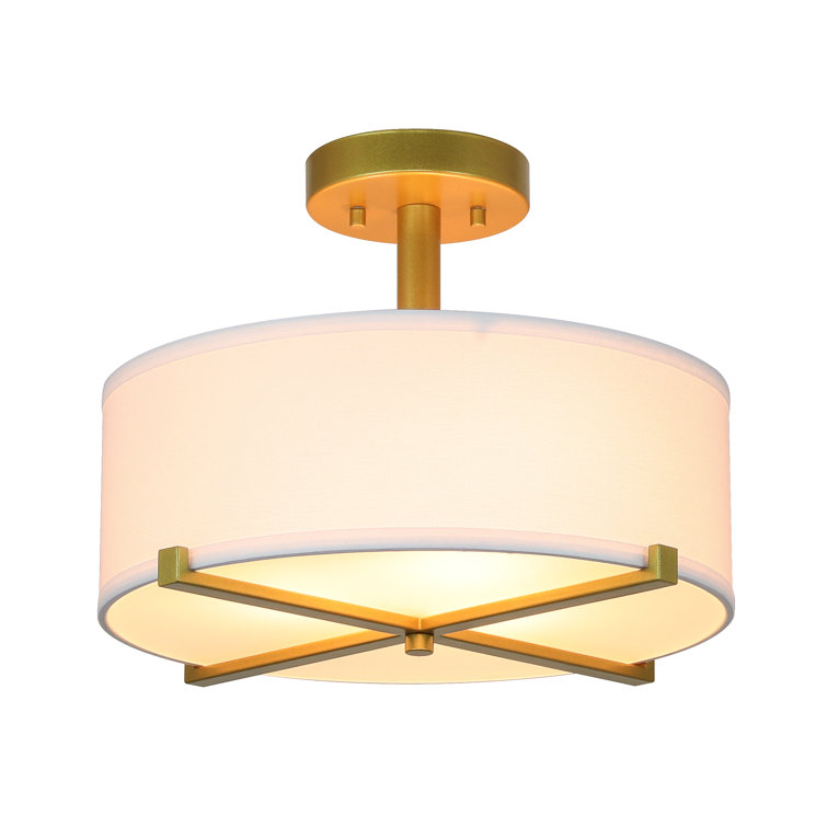 Gold Brass and White Drum Semi Flush Mount Light