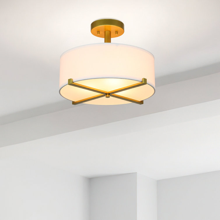Gold Brass and White Drum Semi Flush Mount Light
