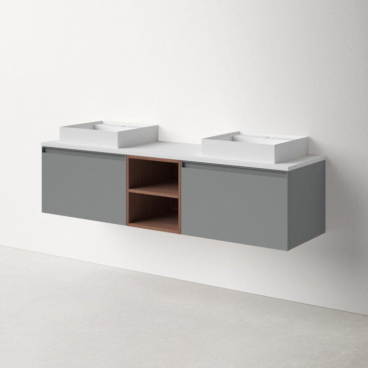 Manarola 72" Light Gray Wall-Mount Modern Vanity with Walnut Shelves