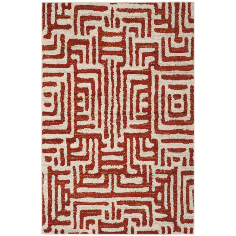 Ivory and Terracotta Geometric Synthetic 4' x 6' Area Rug