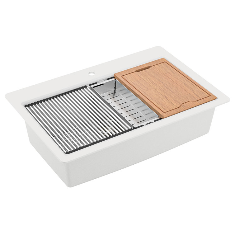 White Quartz 33'' Single Bowl Drop-in Kitchen Sink