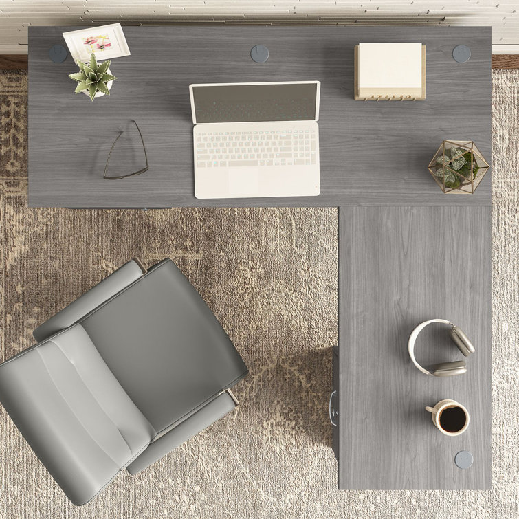 Modern Gray L-Shaped Computer Desk with Built-In USB and Storage