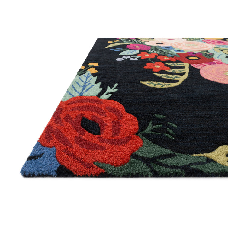 Les Fleurs Artisanal Black & Multicolor Floral Wool Rug