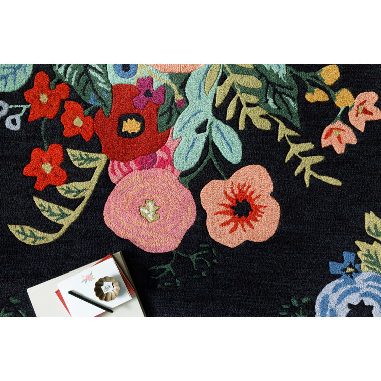 Les Fleurs Black Multi Floral Wool Runner Rug