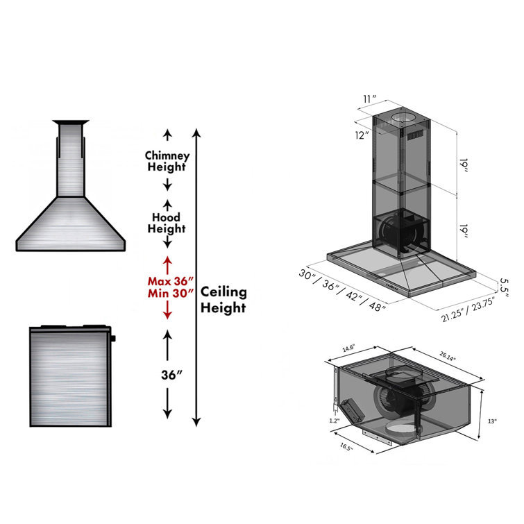 42'' Stainless Steel Convertible Island Range Hood with Charcoal Filter
