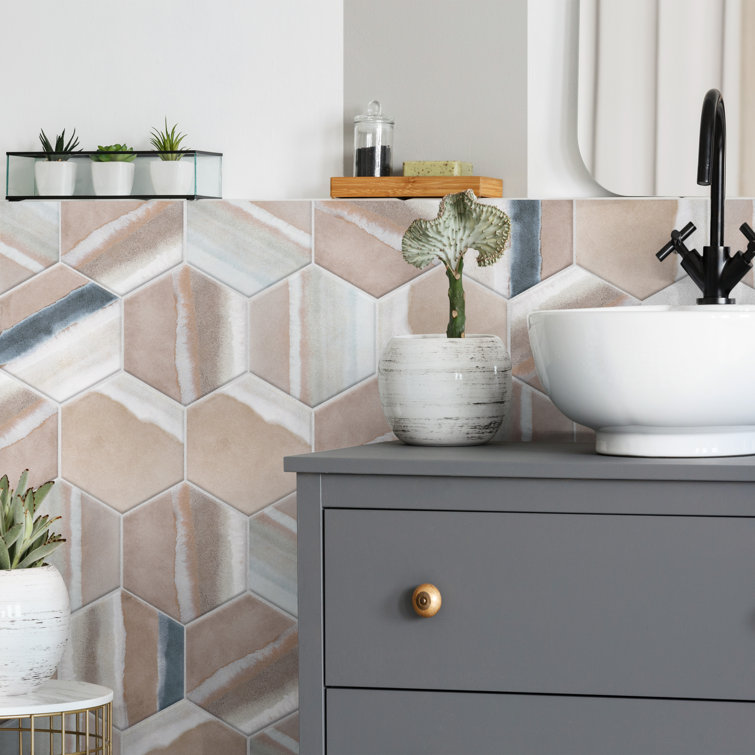 Taupe and Blue Hexagon Porcelain Floor and Wall Tile