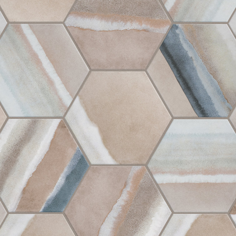 Taupe and Blue Hexagon Porcelain Floor and Wall Tile