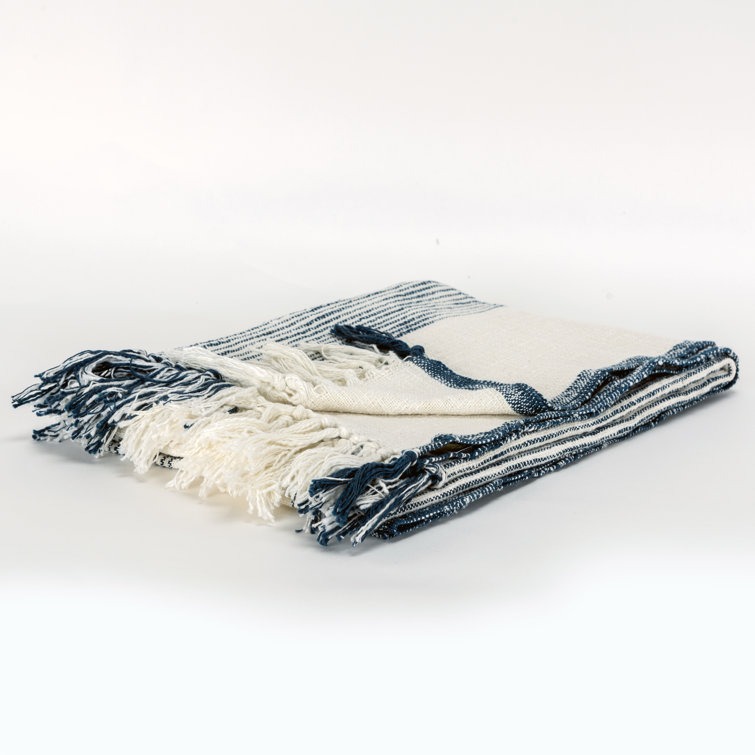 Ivory and Teal Hand Woven Cotton Throw Blanket with Knotted Fringe