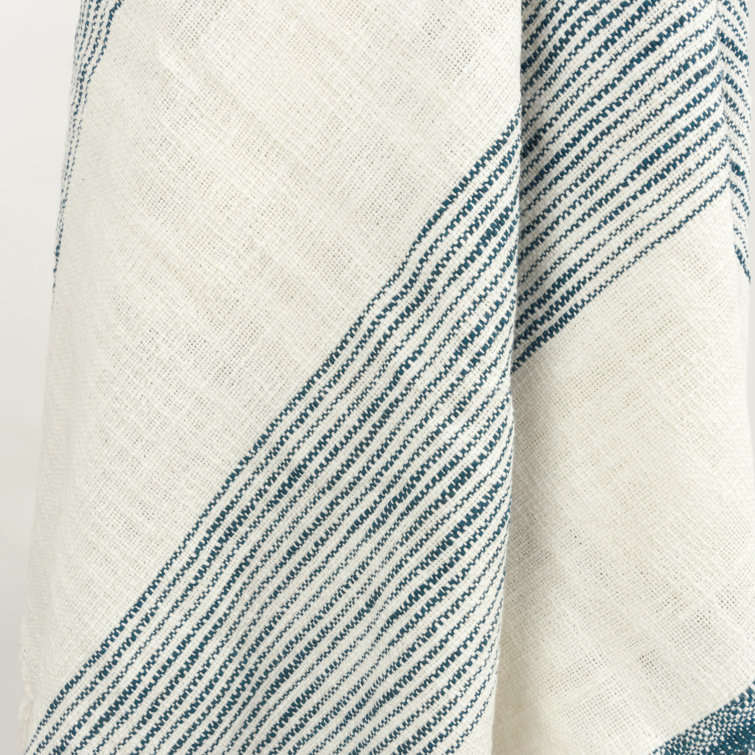 Ivory and Teal Hand Woven Cotton Throw Blanket with Knotted Fringe