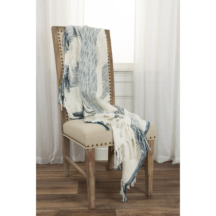 Ivory and Teal Hand Woven Cotton Throw Blanket with Knotted Fringe