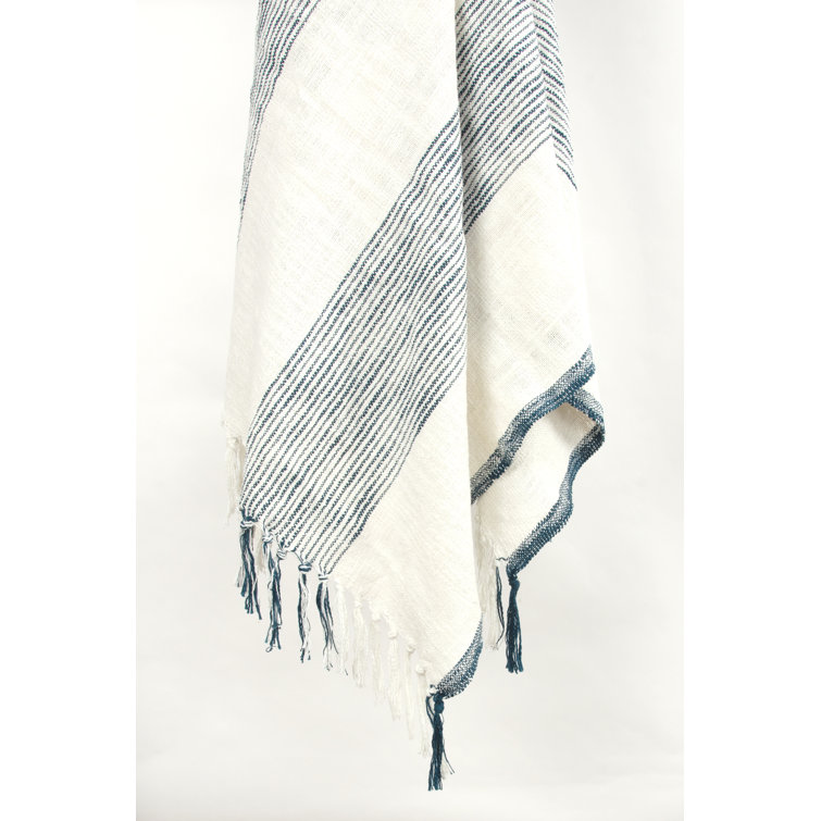 Ivory and Teal Hand Woven Cotton Throw Blanket with Knotted Fringe