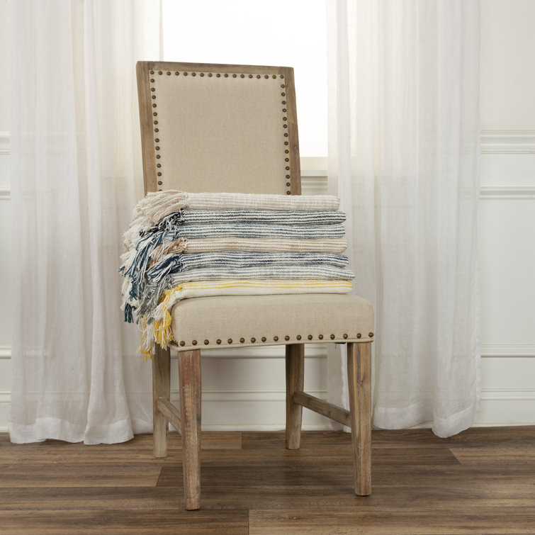 Ivory and Teal Hand Woven Cotton Throw Blanket with Knotted Fringe