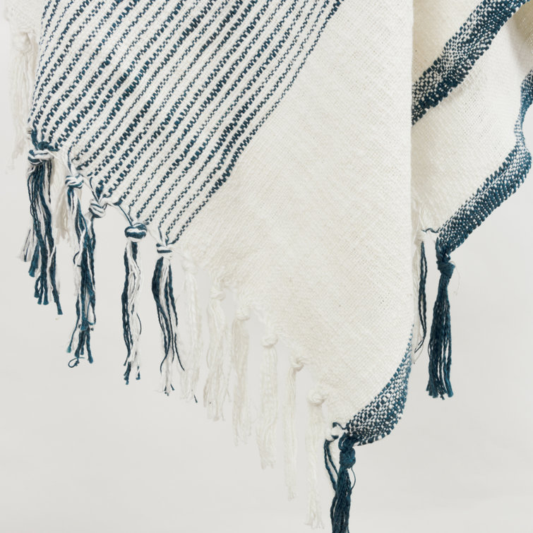Ivory and Teal Hand Woven Cotton Throw Blanket with Knotted Fringe