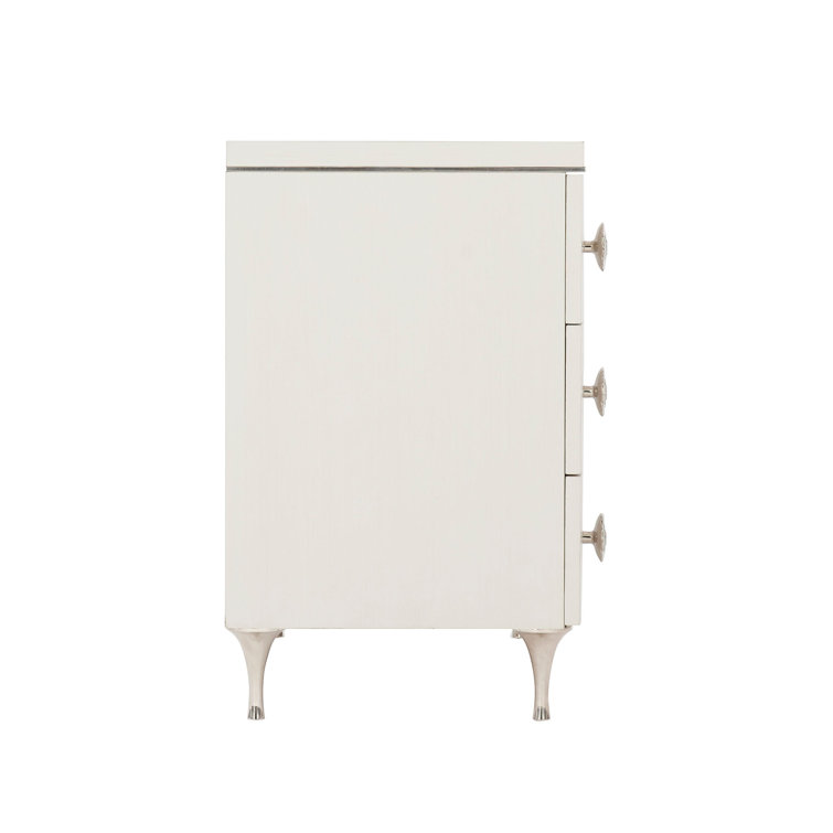 Transitional White 3-Drawer Nightstand with Polished Stainless Steel Accents