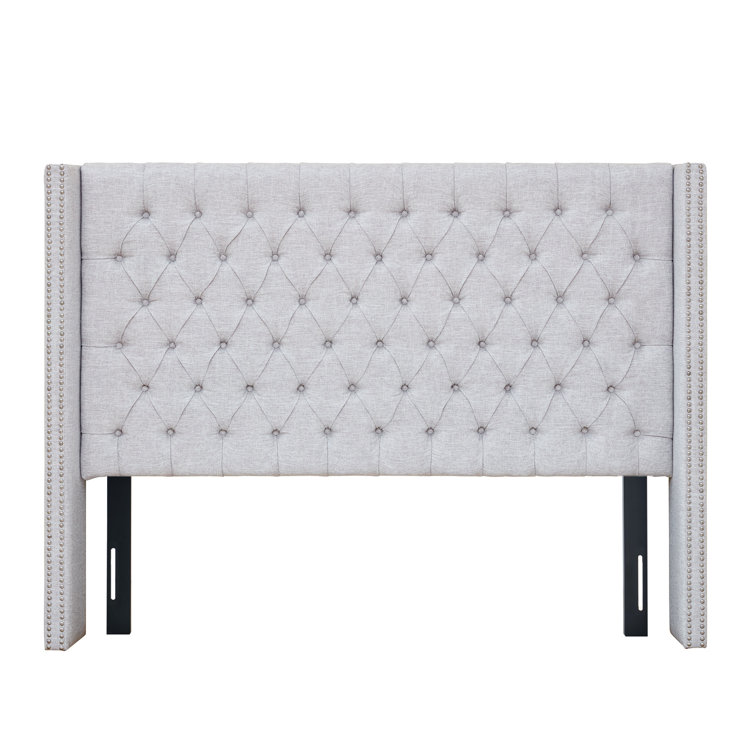 Gray King Upholstered Tufted Wingback Headboard with Nailhead Trim