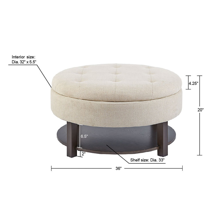 Cream Tufted Round Storage Ottoman with Veneer Shelf
