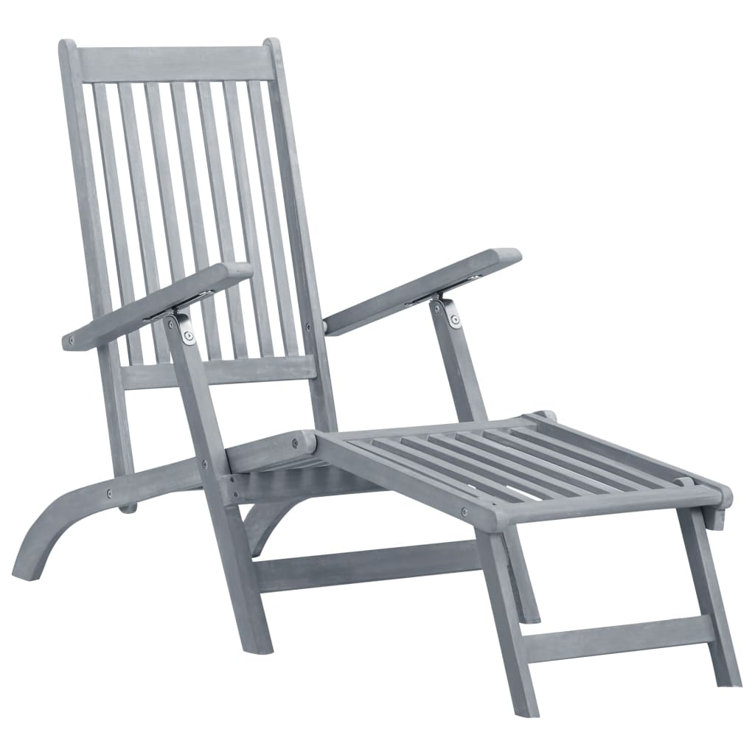 Gray Adjustable Acacia Wood Patio Lounge Chair with Red Cushions