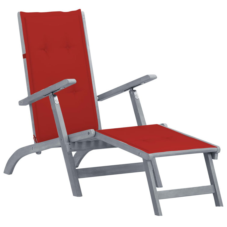 Gray Adjustable Acacia Wood Patio Lounge Chair with Red Cushions