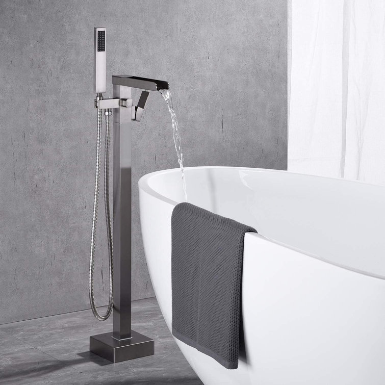 Brushed Nickel Freestanding Waterfall Tub Filler Faucet with Hand Shower