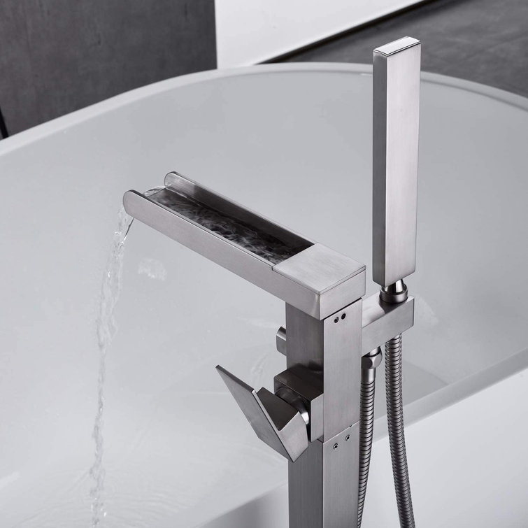 Brushed Nickel Freestanding Waterfall Tub Filler Faucet with Hand Shower
