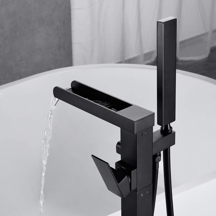 Matte Black Brass Waterfall Freestanding Tub Faucet with Hand Shower