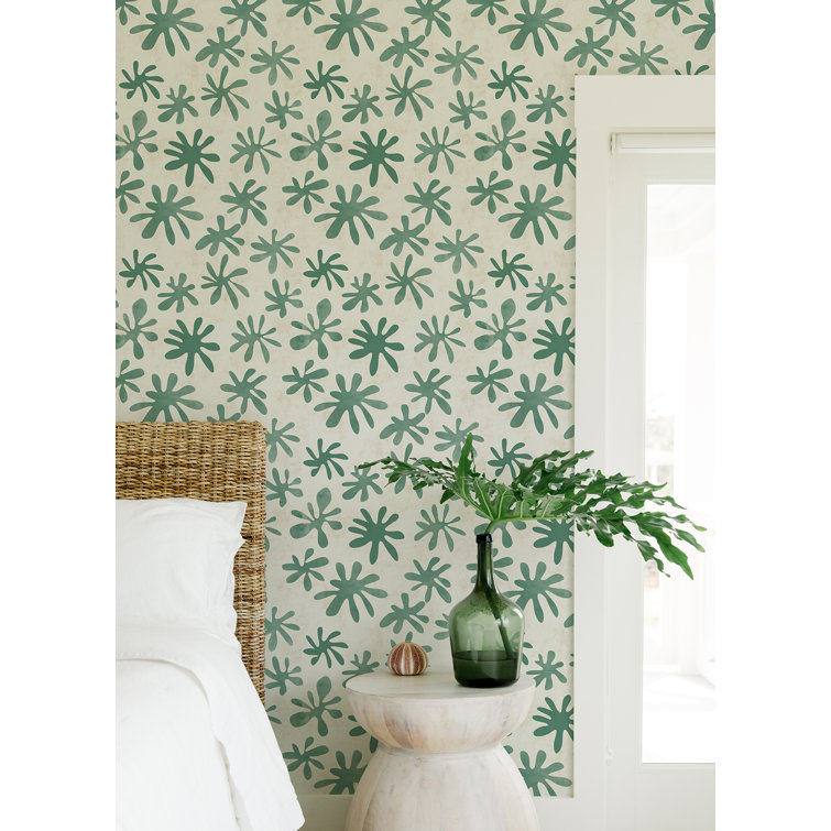 Green and Off-White Vinyl Floral Peel and Stick Wallpaper