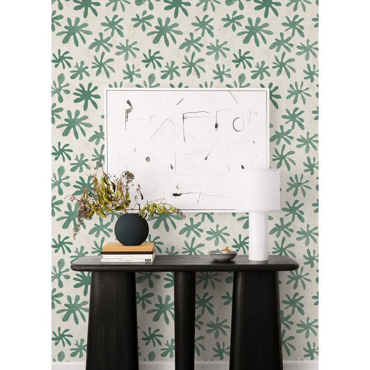 Green and Off-White Vinyl Floral Peel and Stick Wallpaper