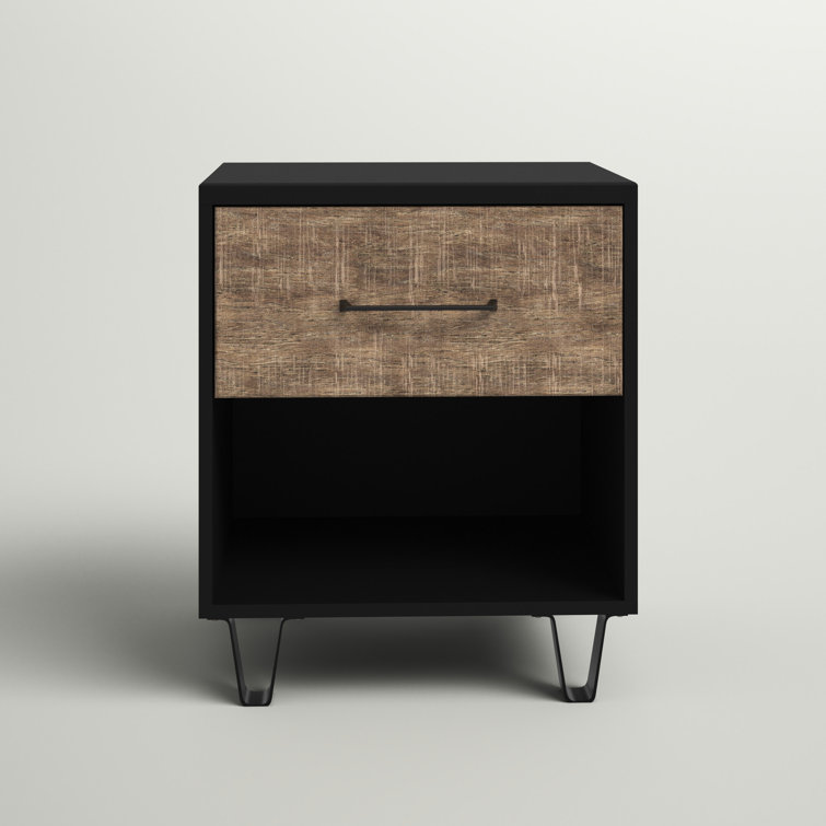 Arlen Weathered Oak and Matte Black 1-Drawer Nightstand