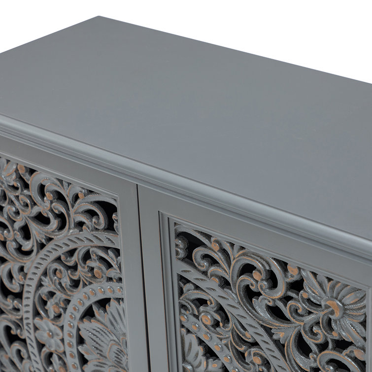 Gray Floral Carved 32" Tall Accent Cabinet with Solid Wood Legs