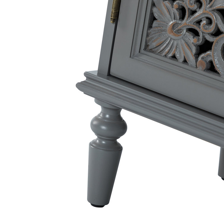 Gray Floral Carved 32" Tall Accent Cabinet with Solid Wood Legs