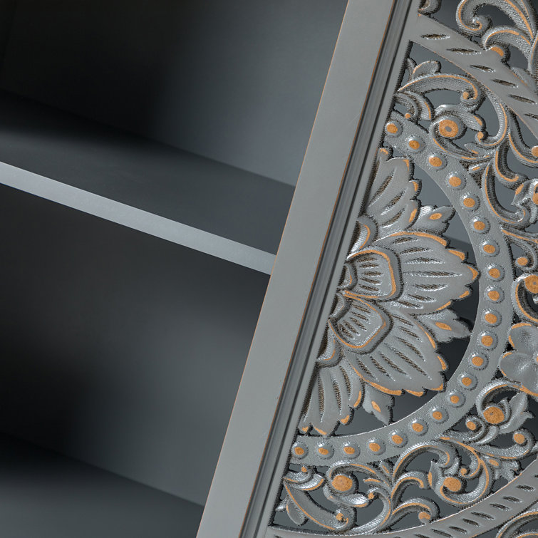 Gray Floral Carved 32" Tall Accent Cabinet with Solid Wood Legs